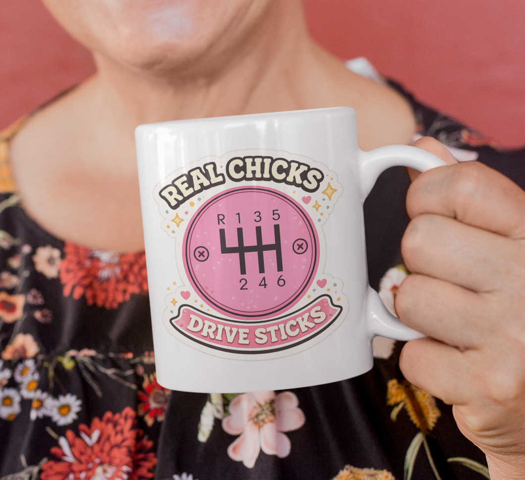 Real Chicks Drive Sticks Mug – Pink Manual Gear Coffee Cup