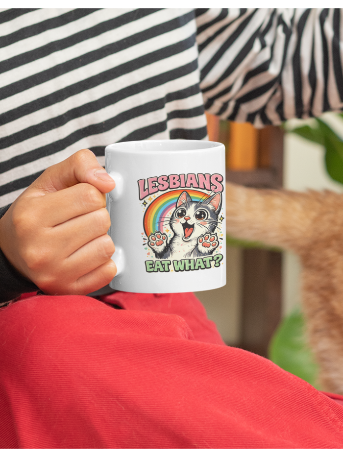 Lesbians Eat What Rainbow Pride Cat Mug