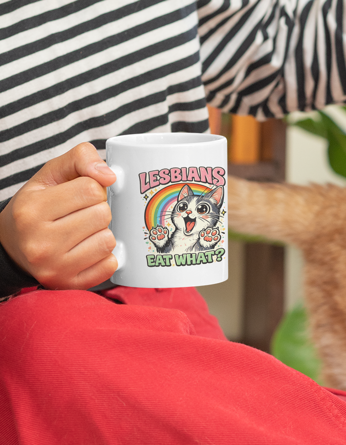Lesbians Eat What Rainbow Pride Cat Mug