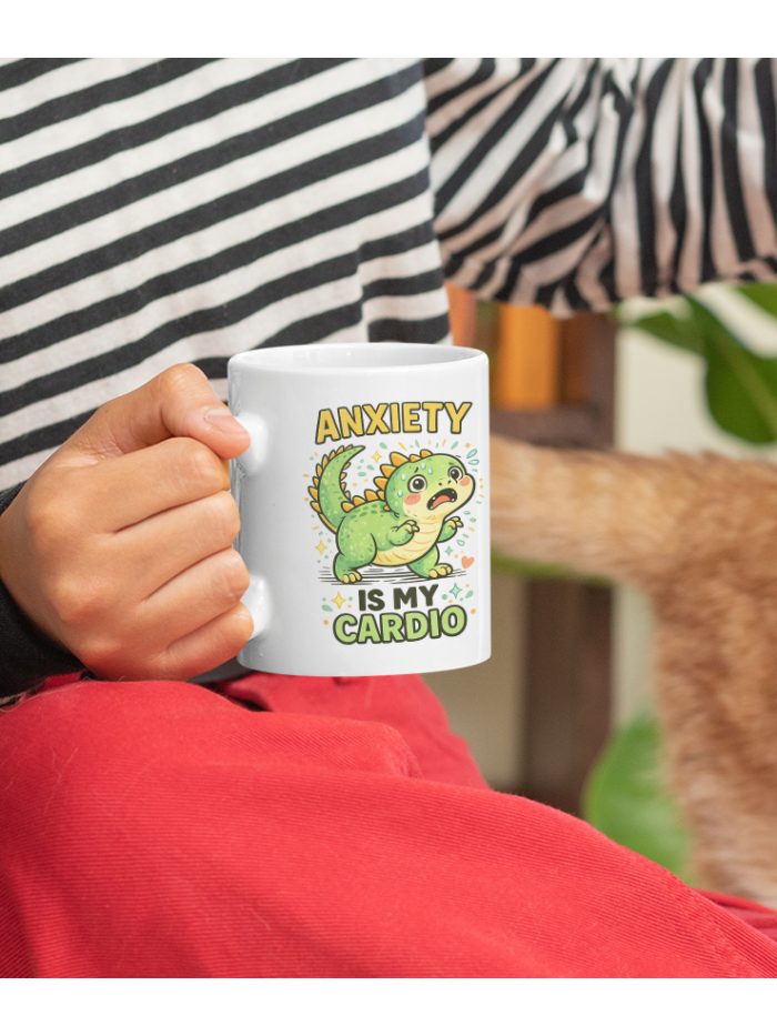 Anxiety Is My Cardio Mug – Cute Dinosaur Stress Humor Cup