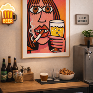 Bold Pop Art Woman Wall Art Print – Smoking Woman with Beer, Retro Feminine Illustration, Statement Bar & Living Room Decor