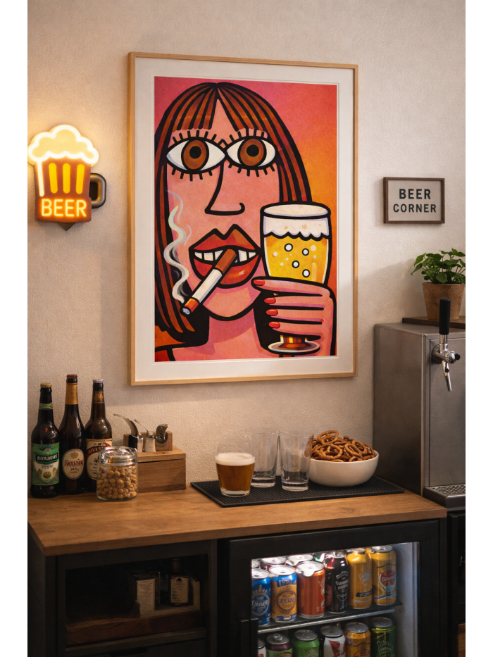 Bold Pop Art Woman Wall Art Print – Smoking Woman with Beer, Retro Feminine Illustration, Statement Bar & Living Room Decor