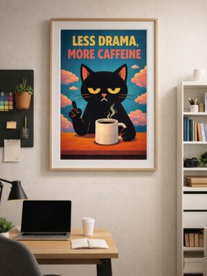 Funny Cat Coffee Wall Art Print – “Less Drama, More Caffeine” Poster, Retro Cat Illustration, Bold Kitchen & Office Decor