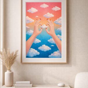 Surreal Cloud Art Print – Dreamy Hands Holding a Cloud, Minimalist Pastel Sky Wall Art, Modern Calming Illustration