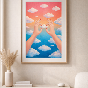 Surreal Cloud Art Print – Dreamy Hands Holding a Cloud, Minimalist Pastel Sky Wall Art, Modern Calming Illustration