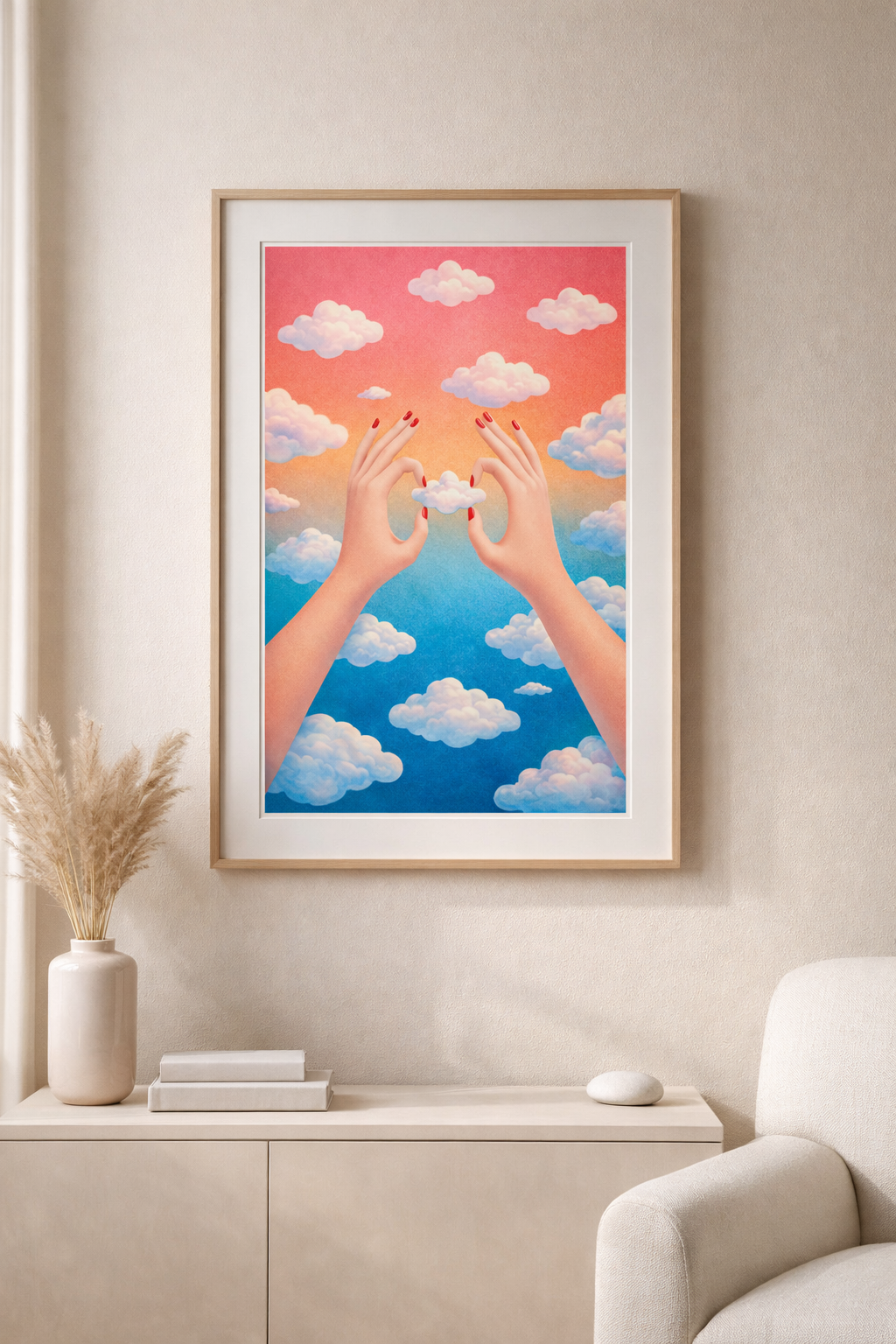 Surreal Cloud Art Print – Dreamy Hands Holding a Cloud, Minimalist Pastel Sky Wall Art, Modern Calming Illustration