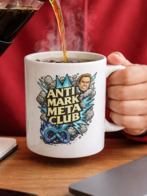 Anti Mark Meta Club Mug – Bold Social Media Satire Coffee Cup, Blue Explosive Graphic Ceramic Statement