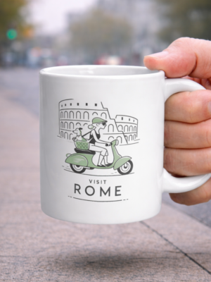 Rome Scooter Adventure Mug – Vintage Vespa & Dog Travel Design