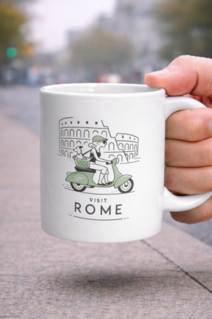 Rome Scooter Adventure Mug – Vintage Vespa & Dog Travel Design