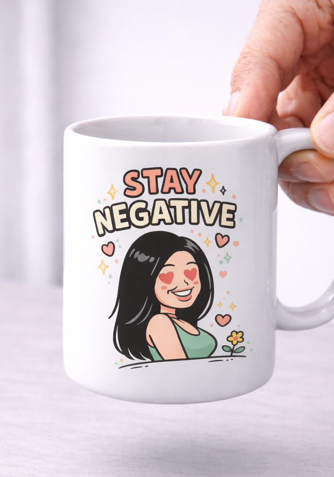 Stay Negative Mug – Heart Eyes Girl Sarcastic Positive Vibes Twist Cup - Image 2