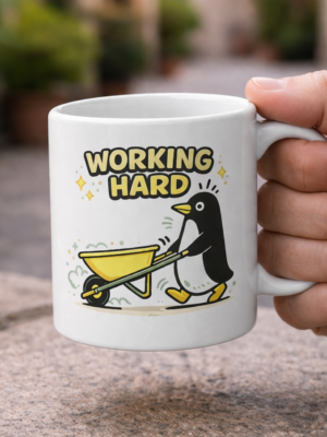 Working Hard Penguin Mug – Cute Motivational Cartoon Cup