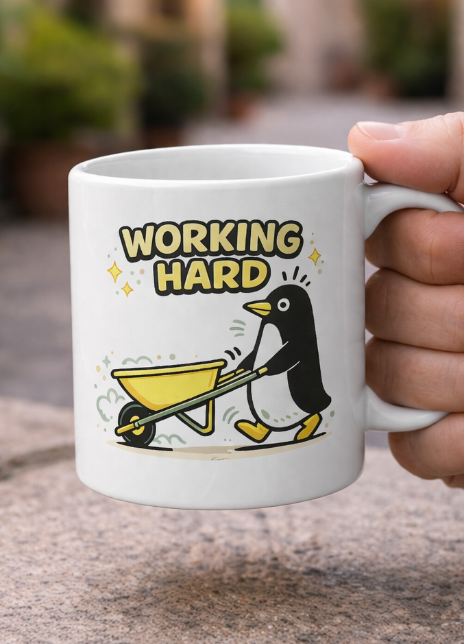 Working Hard Penguin Mug – Cute Motivational Cartoon Cup