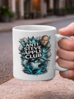 Anti Steve Apple Club Mug – Bold Tech Satire Coffee Cup, Blue Explosive Graphic Ceramic Statement