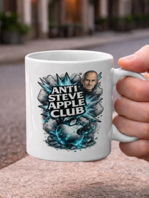 Anti Steve Apple Club Mug – Bold Tech Satire Coffee Cup, Blue Explosive Graphic Ceramic Statement