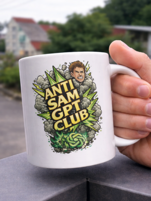 Anti Sam GPT Club Mug – Bold AI Parody Humor Coffee Cup, Green Explosive Tech Satire Ceramic Mug