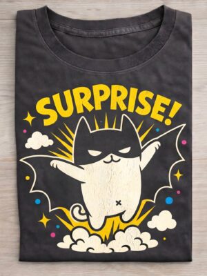 Surprise Bat Cat – Funny Cute Superhero Cat Unisex T-Shirt (100% Cotton) – Premium Graphic Tee