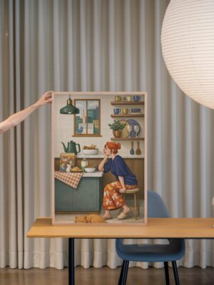 Cozy Morning Kitchen Wall Art Print – Woman at Breakfast Illustration, Warm Home Scene, Calm Everyday Life Decor