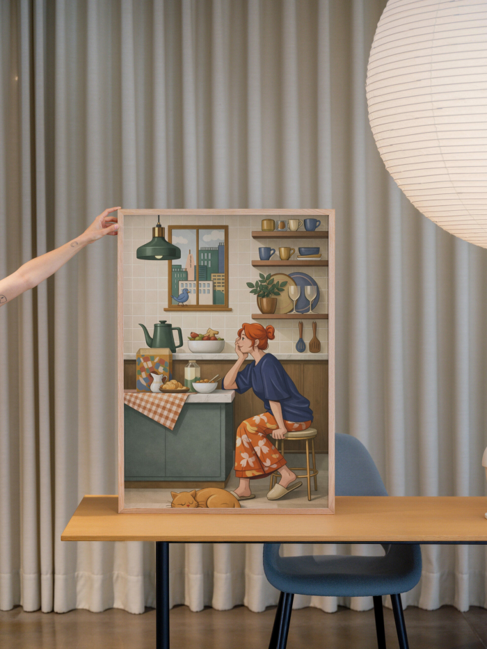 Cozy Morning Kitchen Wall Art Print – Woman at Breakfast Illustration, Warm Home Scene, Calm Everyday Life Decor