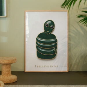 Cute Alien Wall Art Print – “I Believe in Me” Illustration, Wholesome Motivation Art, Minimalist Positive Home Decor