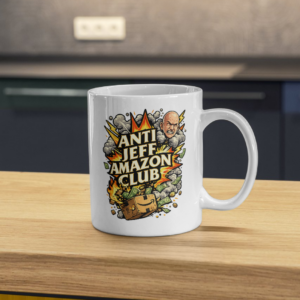 Anti Jeff Amazon Club Mug – Bold Corporate Satire Coffee Cup, Explosive Graphic Ceramic Protest Mug