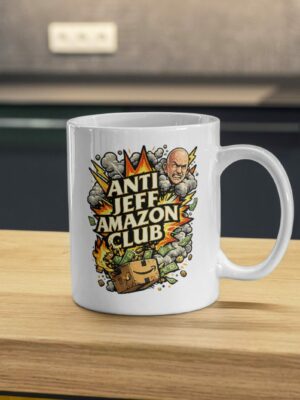 Anti Jeff Amazon Club Mug – Bold Corporate Satire Coffee Cup, Explosive Graphic Ceramic Protest Mug