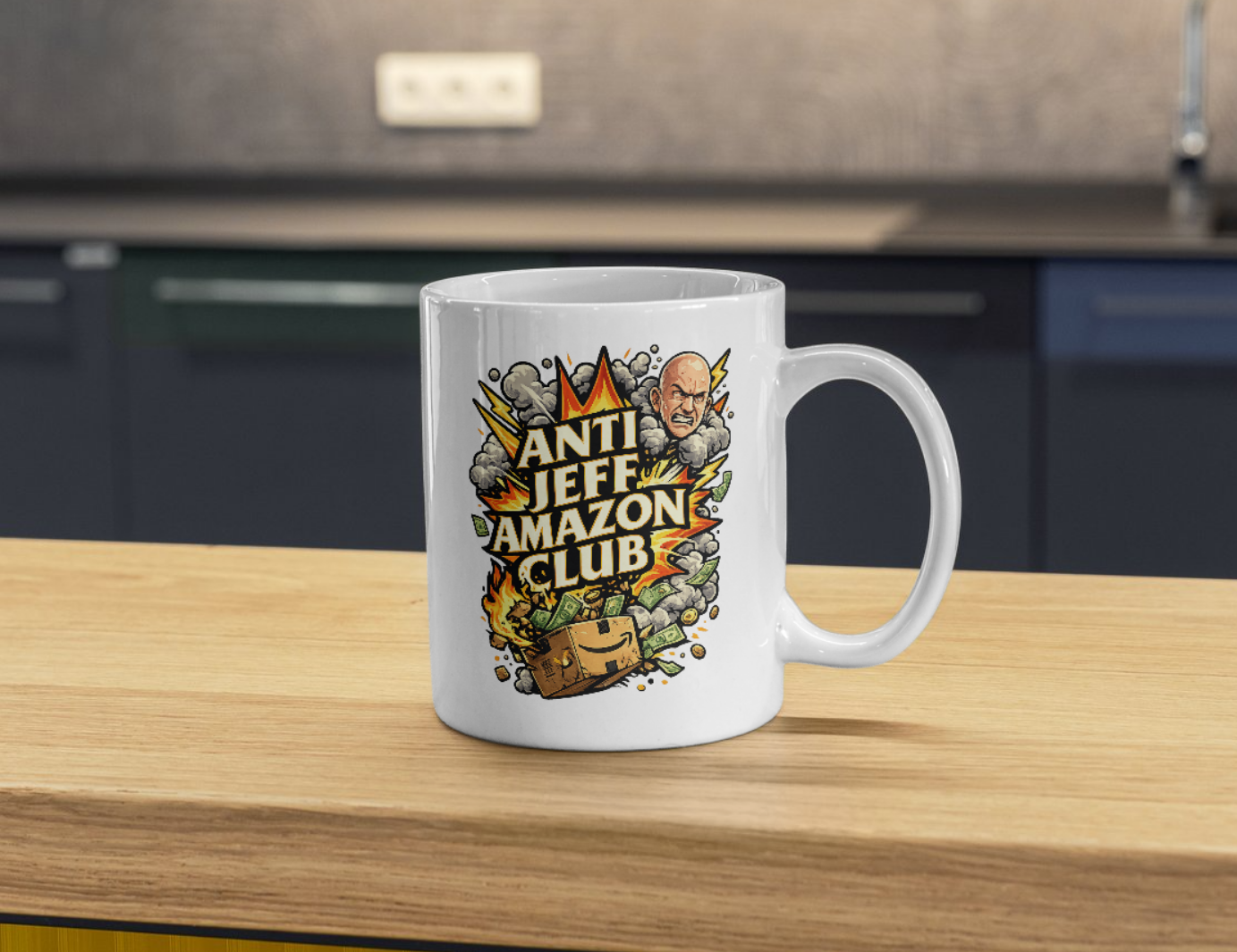 Anti Jeff Amazon Club Mug – Bold Corporate Satire Coffee Cup, Explosive Graphic Ceramic Protest Mug