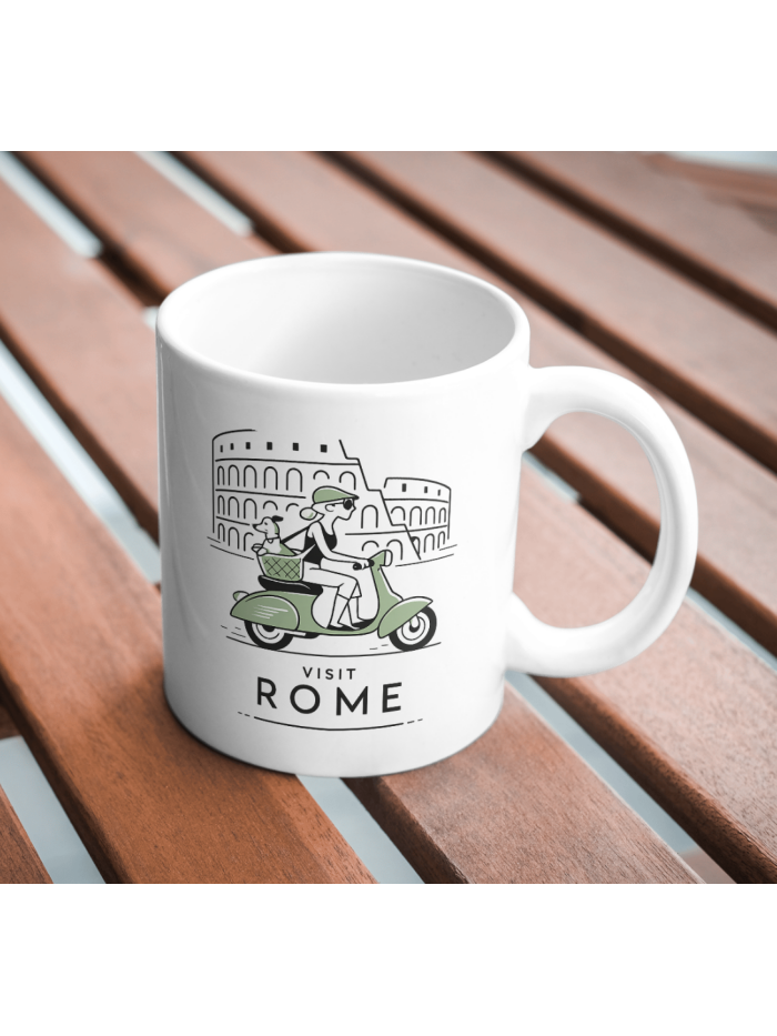 Rome Scooter Adventure Mug – Vintage Vespa & Dog Travel Design