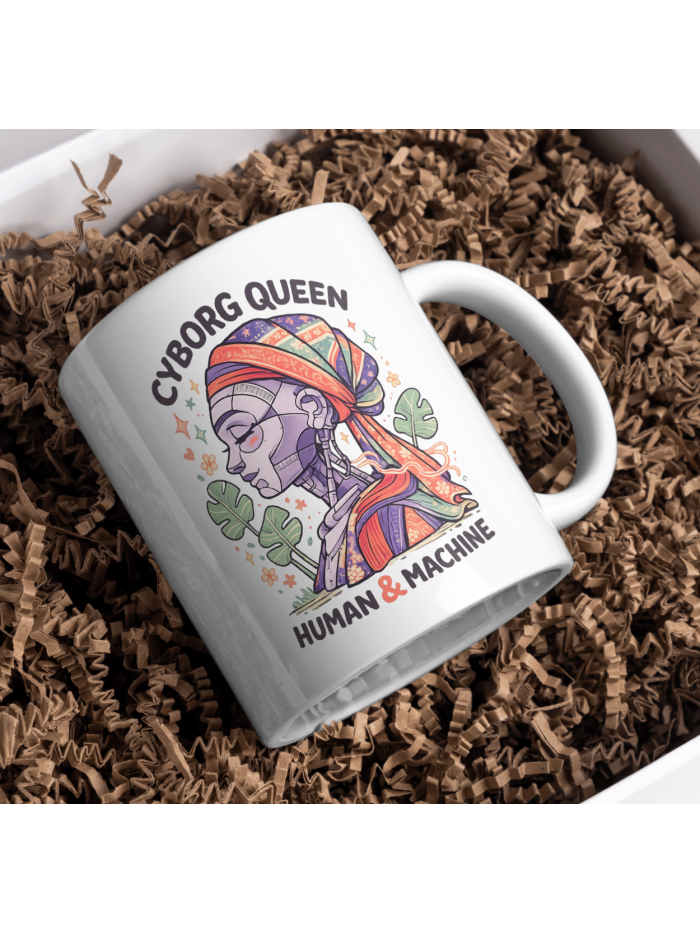 Cyborg Queen Mug – Human & Machine Futuristic Art Design