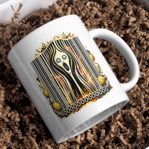 Screaming Barcode Horror Mug – Surreal Art Statement Cup