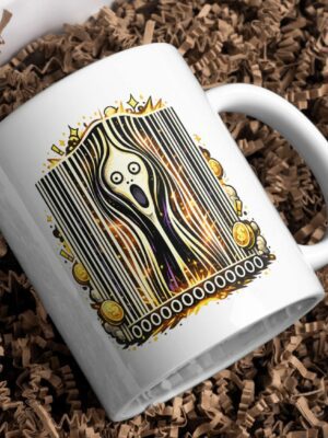 Screaming Barcode Horror Mug – Surreal Art Statement Cup