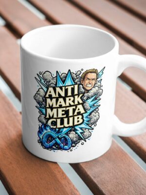 Anti Mark Meta Club Mug – Bold Social Media Satire Coffee Cup, Blue Explosive Graphic Ceramic Statement