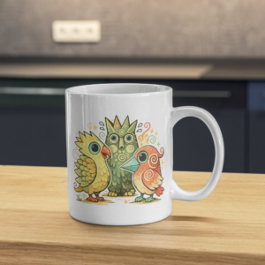 Colorful Trio Birds – Whimsical Owl Mug