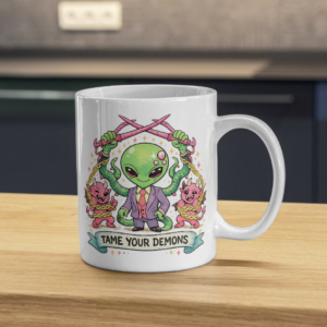 Tame Your Demons Mug – Motivational Alien Design