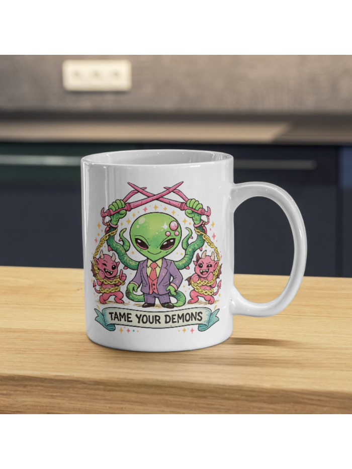 Tame Your Demons Mug – Motivational Alien Design