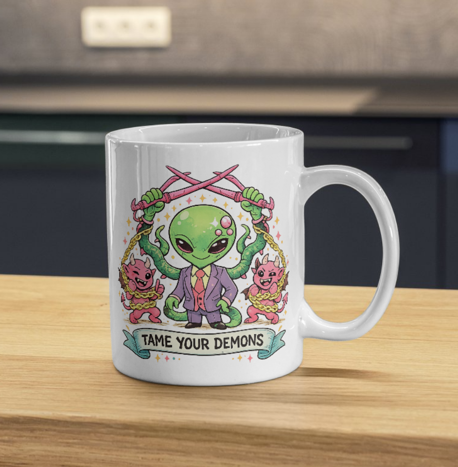 Tame Your Demons Mug – Motivational Alien Design