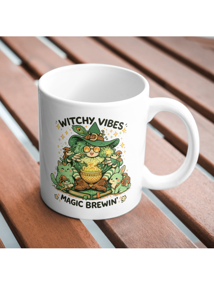 Witchy Vibes Magic Brewin’ Mug – Cute Green Witch Art