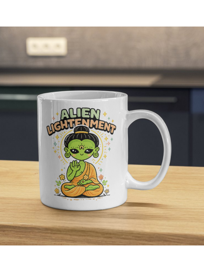 Alien Enlightenment Mug – Cosmic Buddha Alien Art