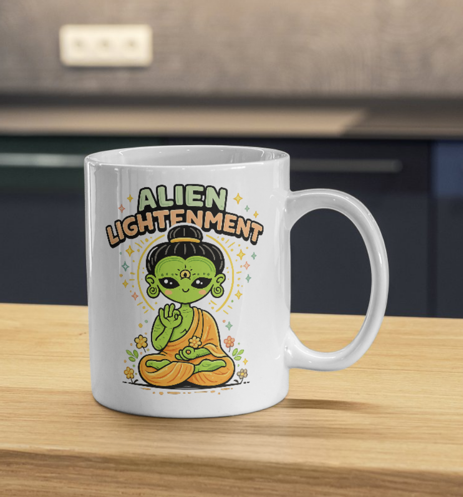 Alien Enlightenment Mug – Cosmic Buddha Alien Art