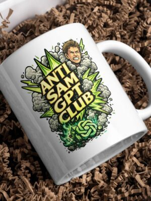 Anti Sam GPT Club Mug – Bold AI Parody Humor Coffee Cup, Green Explosive Tech Satire Ceramic Mug