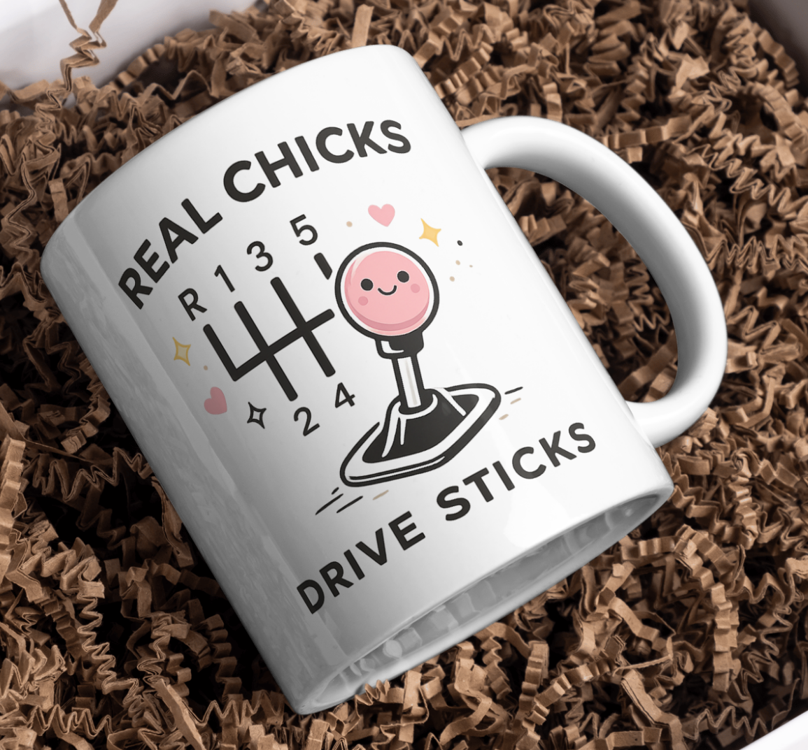 Real Chicks Drive Sticks Mug – Pink Manual Gear Coffee Cup