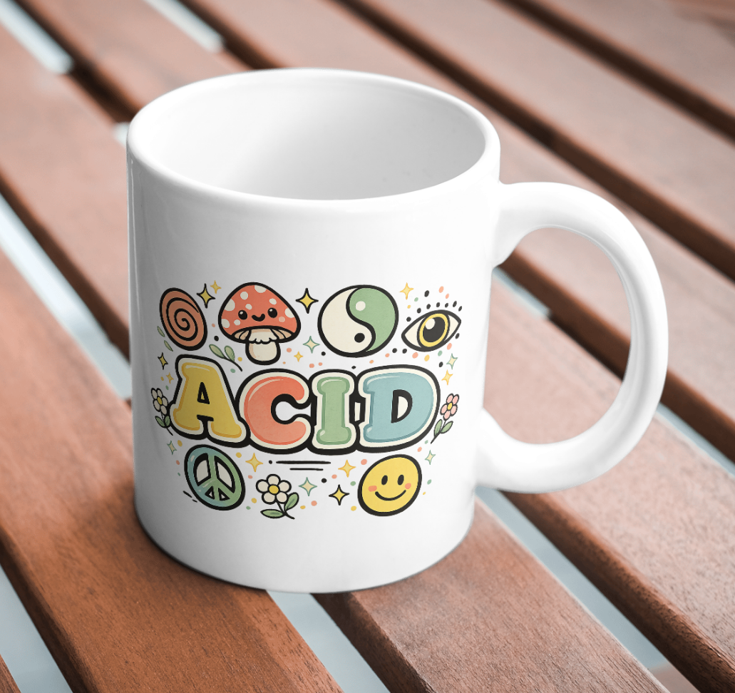 Acid Retro Vibes Mug – 70s Psychedelic Symbols