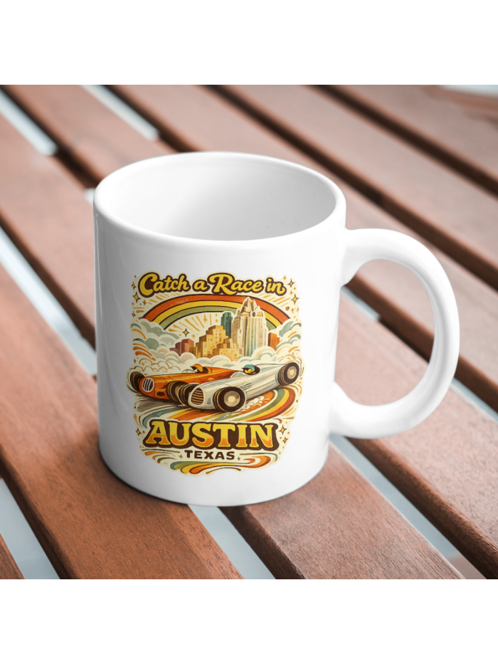 Catch a Race in Austin Texas Mug – Retro Racing Coffee Cup