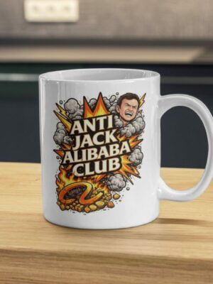 Anti Jack Alibaba Club Mug – Bold Satirical Protest Humor Coffee Cup, Explosive Graphic Ceramic Statement