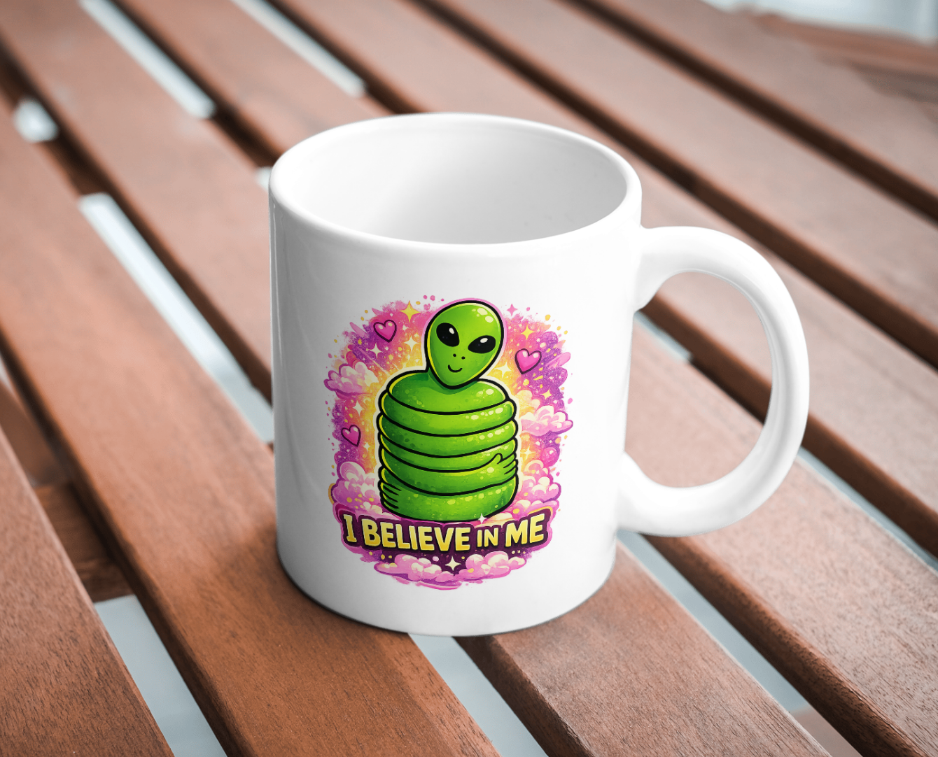 I Believe in Me Alien Mug – Cute Motivational Alien Coffee Mug