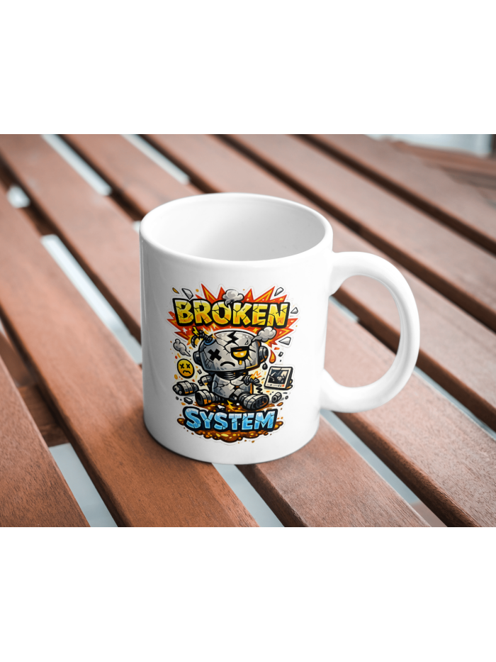 Broken System Mug – Funny Robot Chaos Coffee Cup