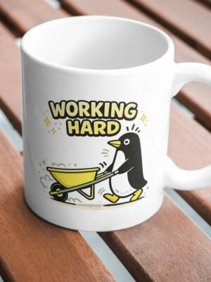 Working Hard Penguin Mug – Cute Motivational Cartoon Cup