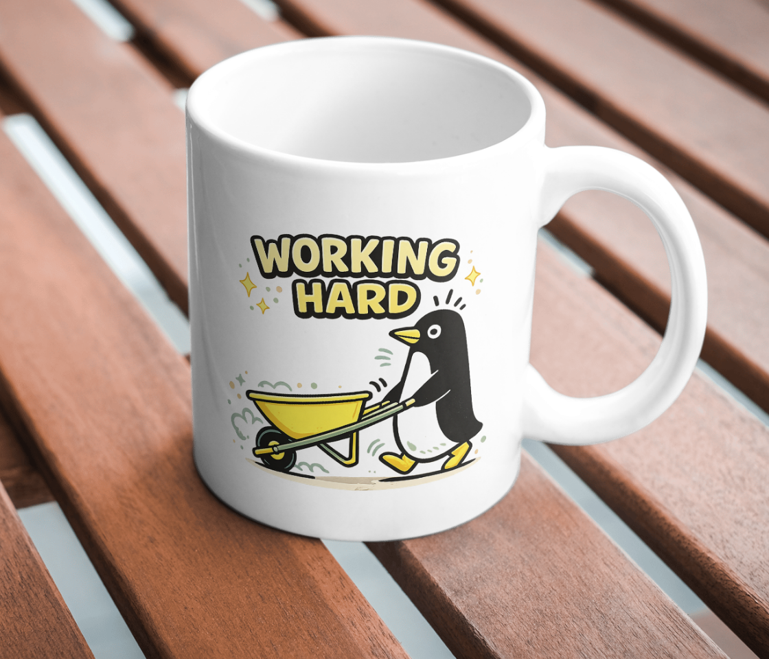 Working Hard Penguin Mug – Cute Motivational Cartoon Cup