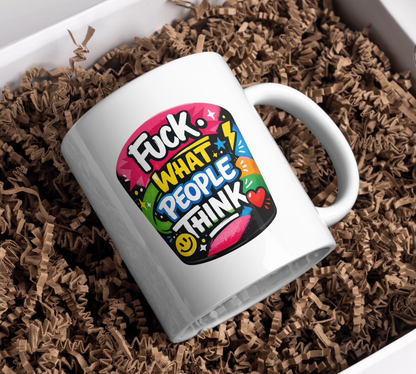 Fuck What People Think Mug – Bold Color Pop Quote Coffee Cup