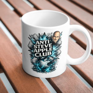 Anti Steve Apple Club Mug – Bold Tech Satire Coffee Cup, Blue Explosive Graphic Ceramic Statement