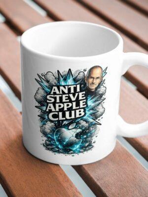 Anti Steve Apple Club Mug – Bold Tech Satire Coffee Cup, Blue Explosive Graphic Ceramic Statement